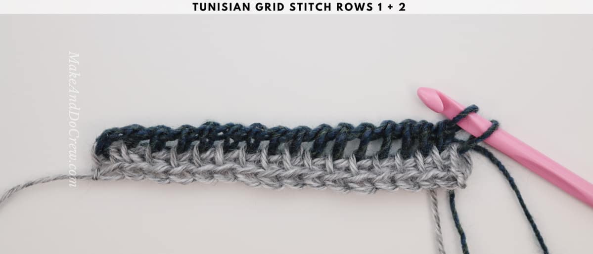 Tutorial showing how to work the Tunisian crochet brick stitch (aka the Tunisian crochet grid stitch)