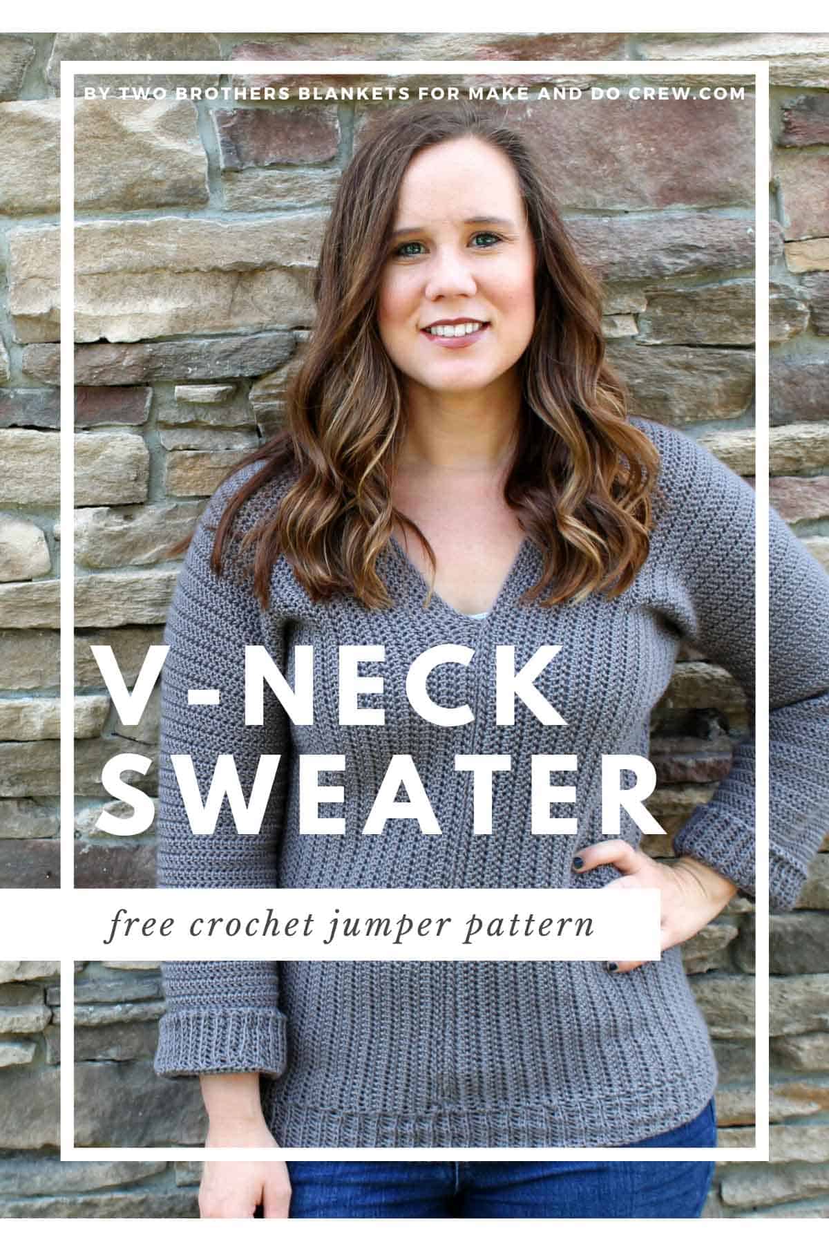 Classic V-neck crochet pullover pattern > easy construction! (free pattern  in sizes XS-2X)