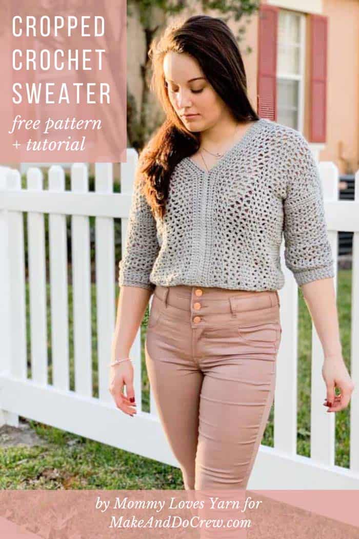 Free pattern! This cropped crochet sweater with ¾ length sleeves has super easy construction and the pattern includes plus sizes!