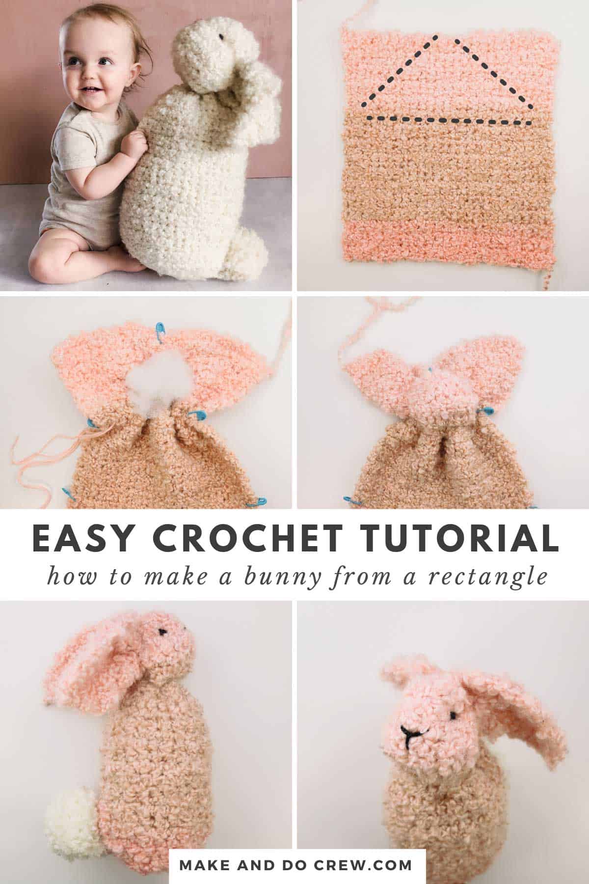 Step-by-step tutorial showing how to crochet a bunny from a square. 