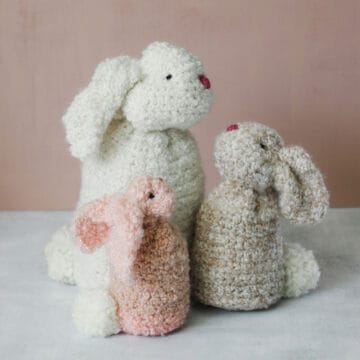 Three realistic crochet bunnies made from rectangles. Made with Lion Brand Homespun Thick & Quick yarn.
