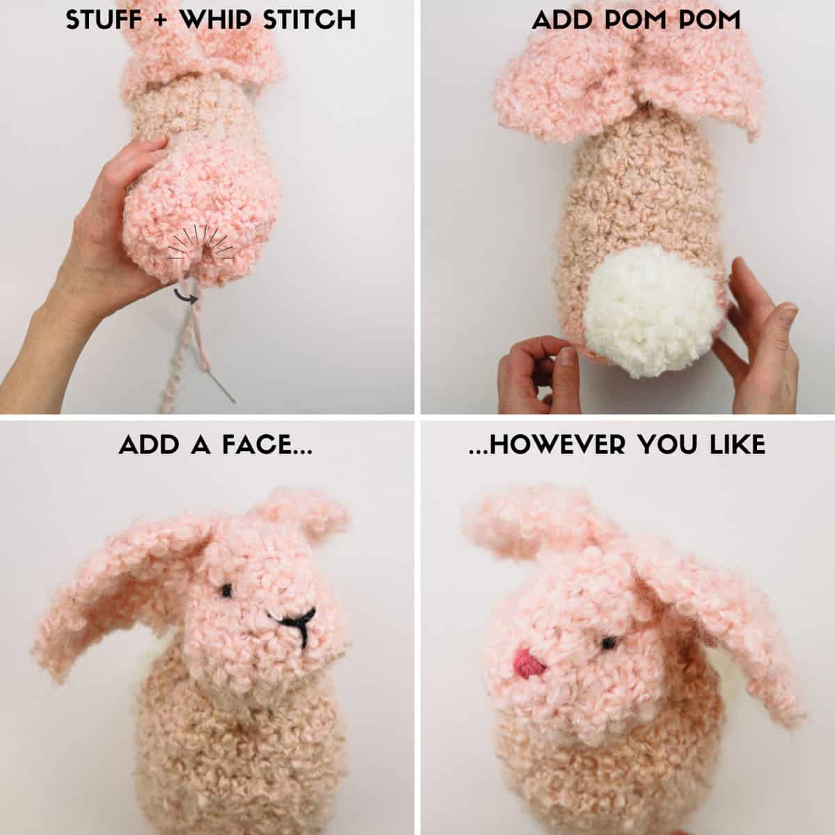 Step-by-step tutorial showing how to crochet a bunny from a rectangle. 