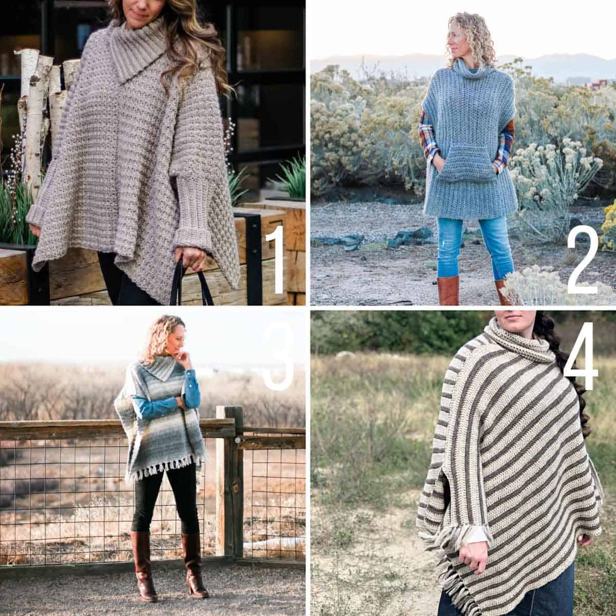 Grid of four women modeling crochet ponchos.