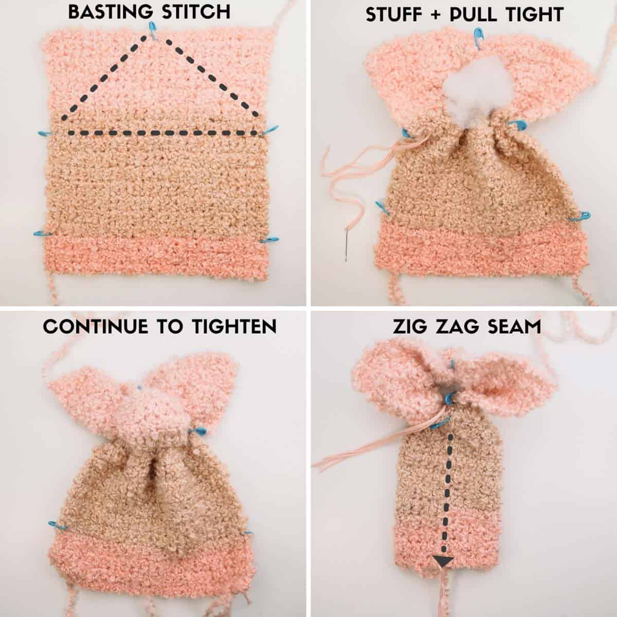 Step-by-step tutorial showing how to crochet a bunny from a rectangle. 