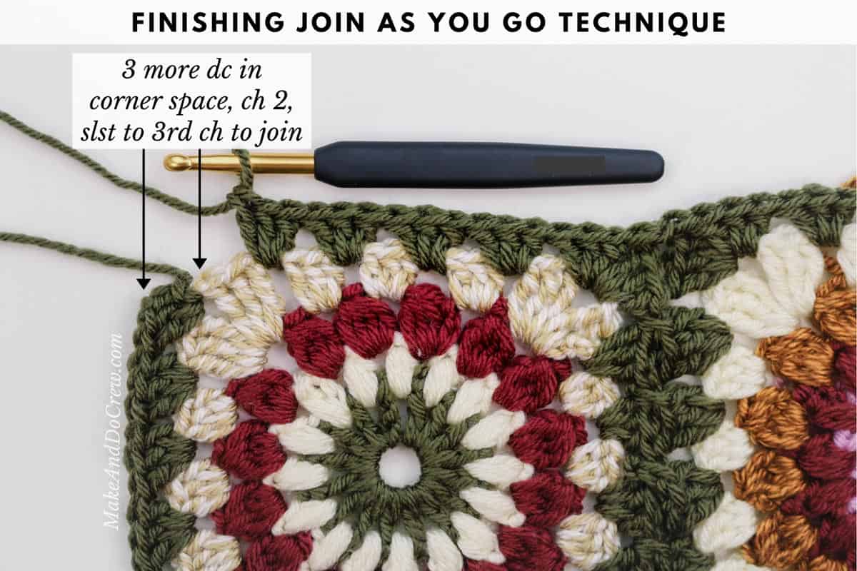 Tutorial showing how to seamlessly join crochet granny square motifs as you go.