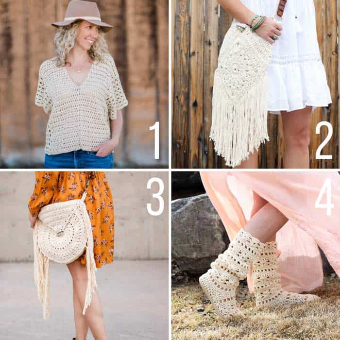 These free boho crochet patterns include a fringed crochet bag, a simple poncho top and crochet boots with flip flop soles.