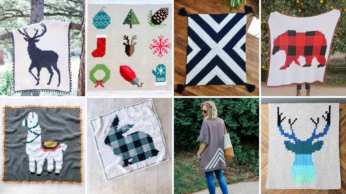 A grid of eight free corner to corner crochet blanket patterns from Make & Do Crew