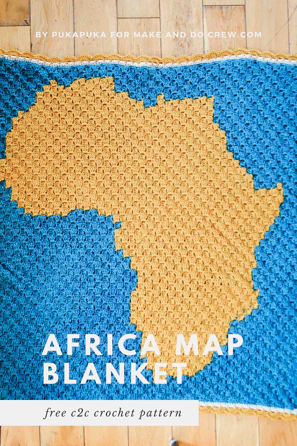 A corner to corner crochet blanket pattern with the silhouette of Africa on it.