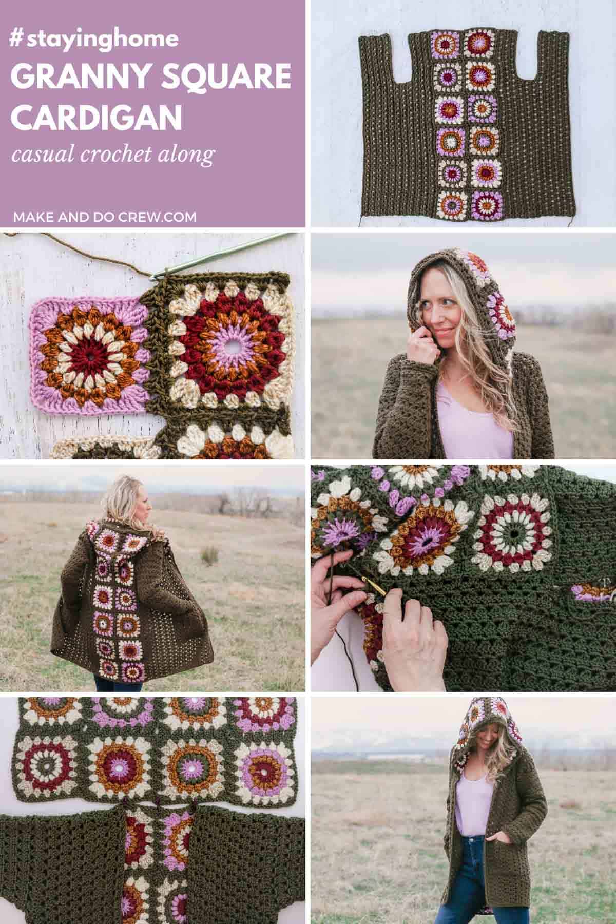 An 8-grid photo showing the steps in creating a granny square cardigan when you join the as-you-go crochet technique. 