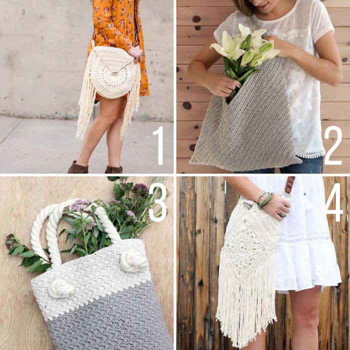 Free crochet bag patterns including a crochet market tote, an easy purse, and two boho bags.