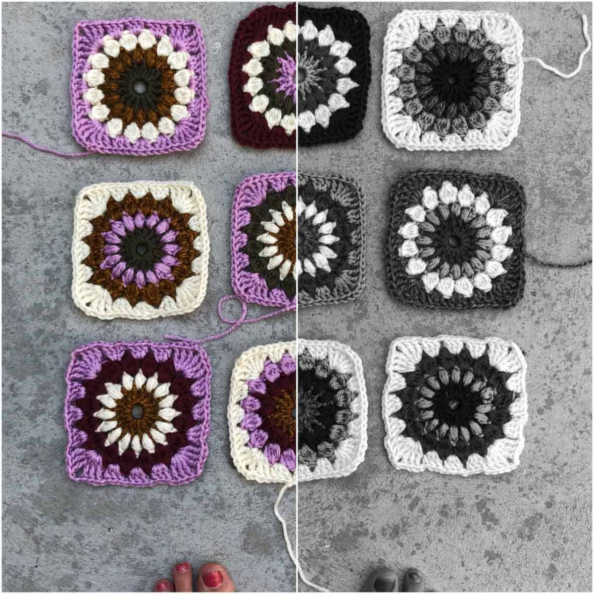 Crochet granny squares divided in half. One side of photo is in color and the other side is black and white. This is a trick for choosing yarn colors.