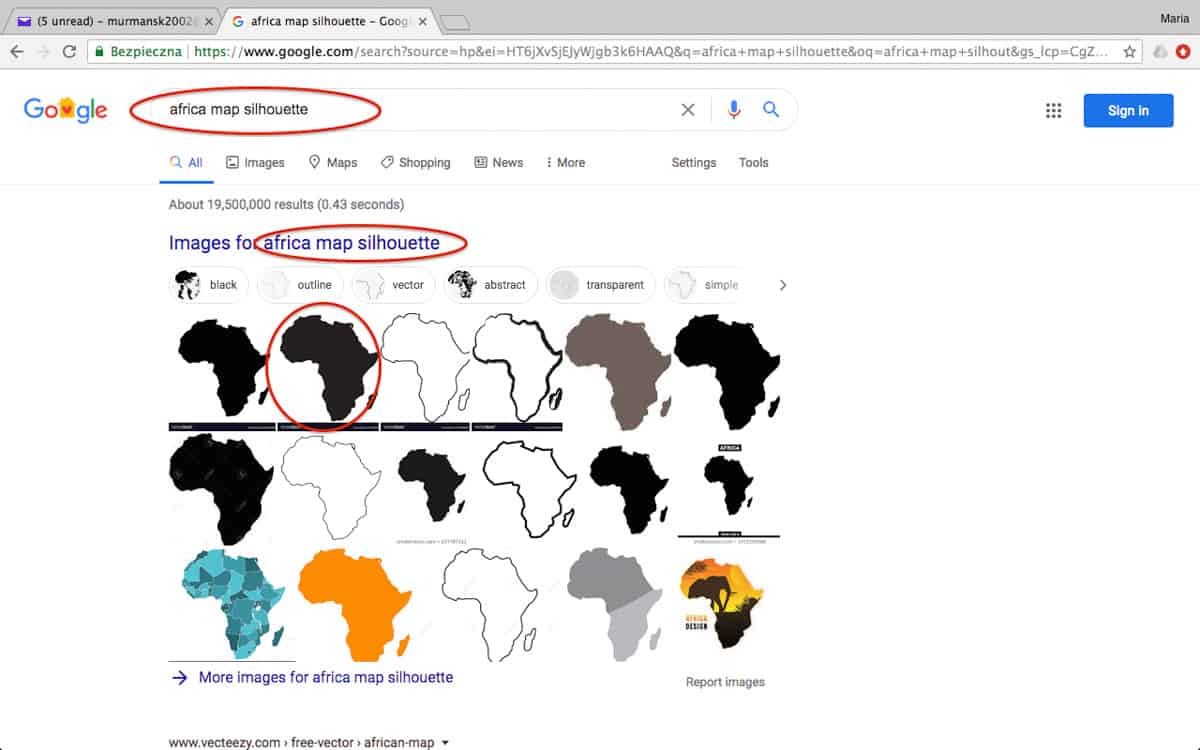 Google search results showing the african continent.