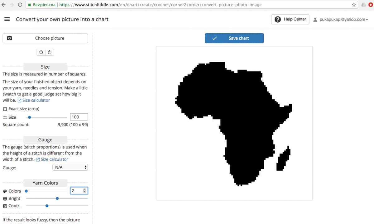 Stitchfiddle.com showing the steps of designing a c2c crochet graph pattern of Africa.
