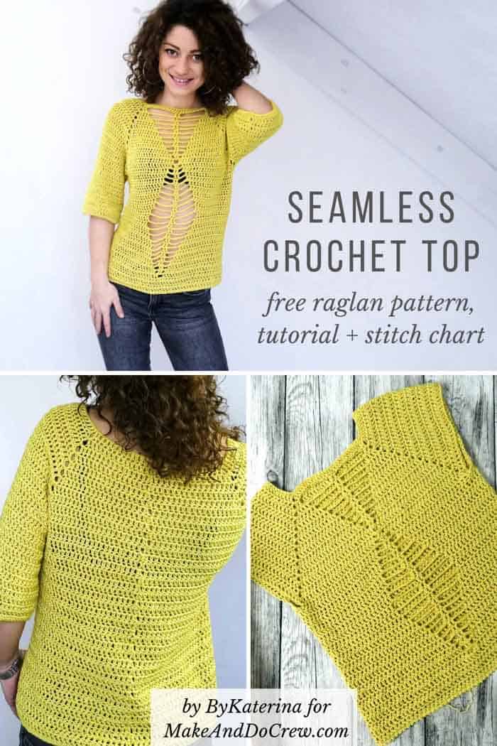 This on-trend crochet raglan blouse works up easily with seamless construction and basic double crochet stitches. Easy crochet shirt tutorial, stitch chart and free raglan pattern!