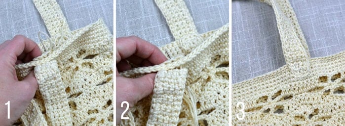 Step-by-step instructions for how to attach the straps of a crochet purse.