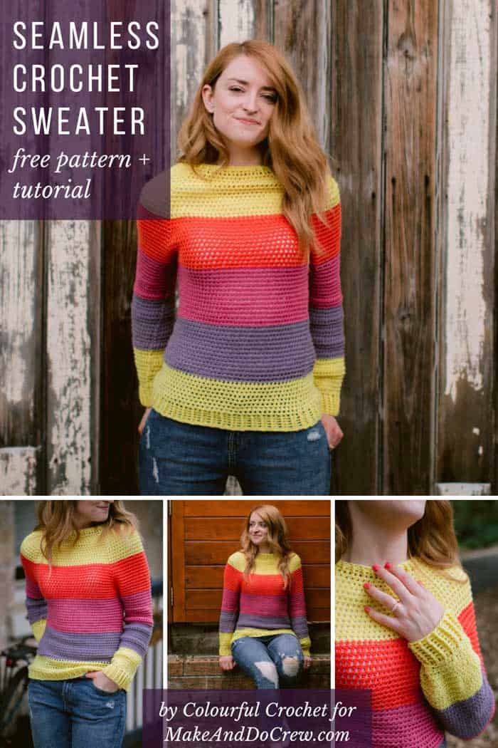 With a seamless construction and lightweight stitch pattern, this colorful top down crochet sweater is the perfect springtime raglan crochet pattern for your handmade DIY wardrobe.