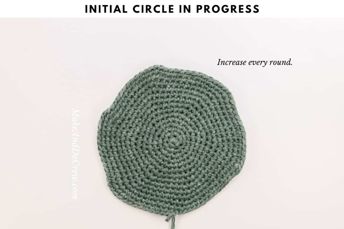 A crochet circle that is becoming the top of a crochet sun hat.