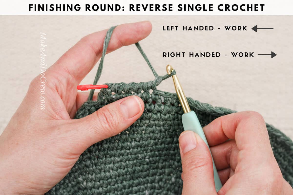 Overhead shot of hands crocheting the brim of a crochet sunhat using the reverse single crochet stitch (aka the crochet crab stitch).