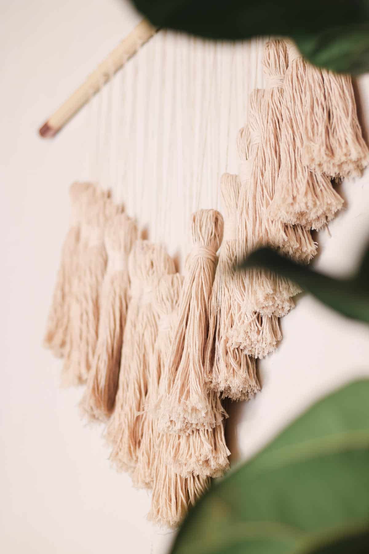 A cotton yarn wall hanging as seen through some bohemian plant leaves.