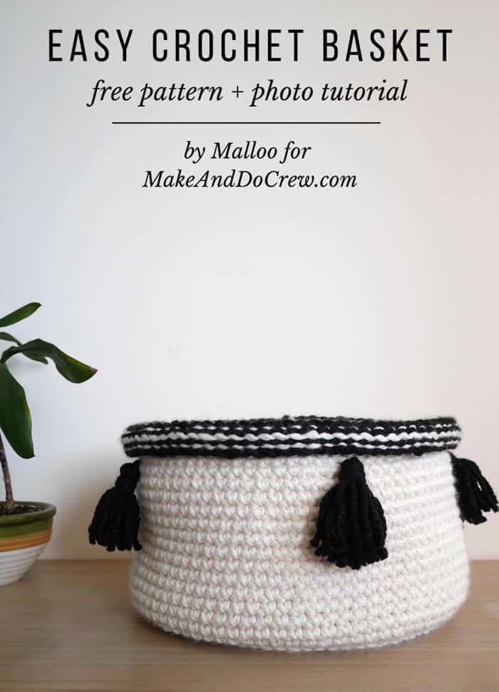 Free pattern and tutorial for a chunky crochet basket with tassels.