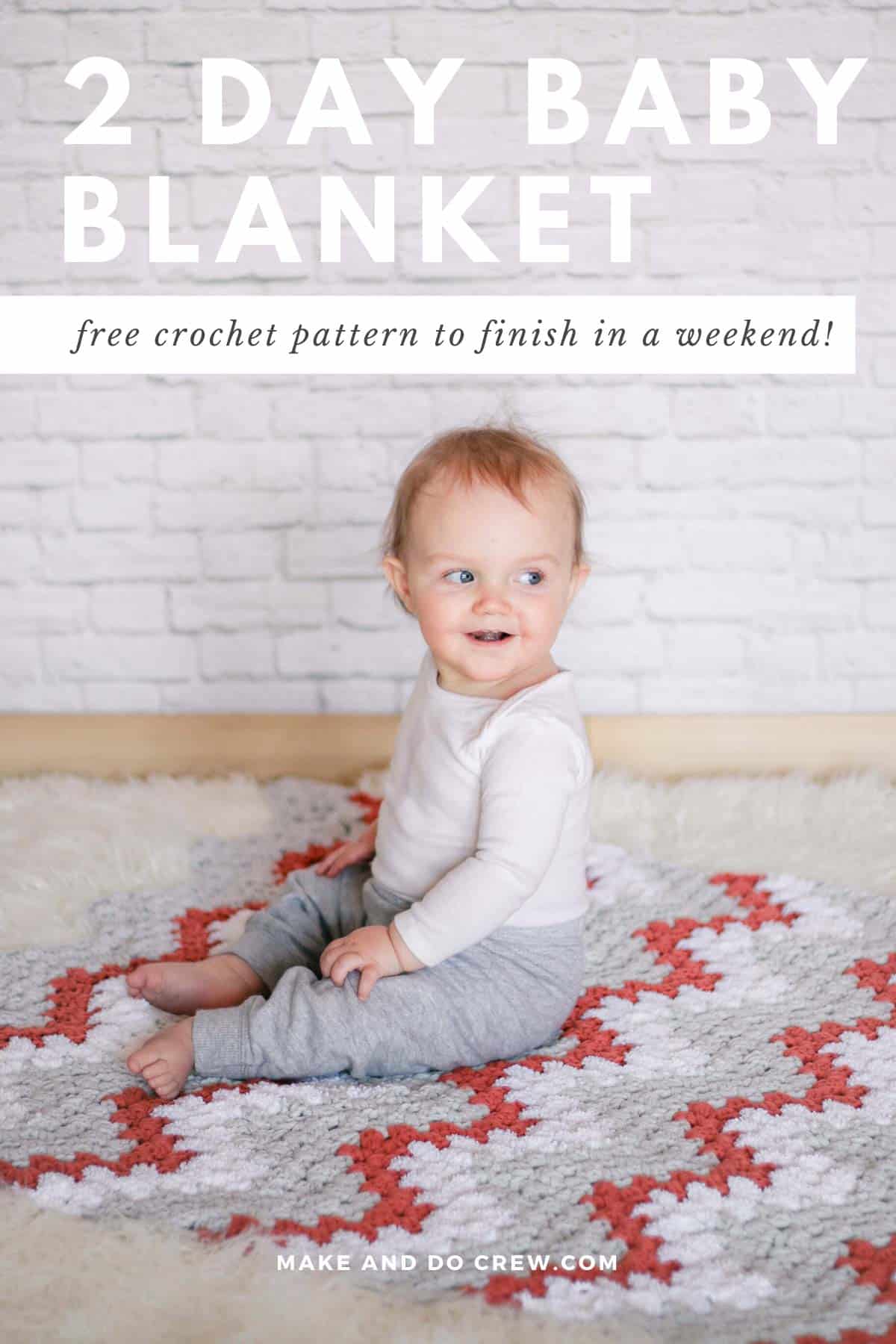 Adorable baby sitting on a easy crochet baby blanket made from a free crochet pattern using Lion Brand yarn.