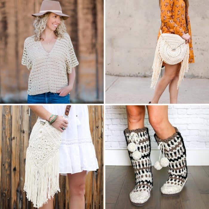 Four free bohemian crochet patterns including a bag, a fringed purse, a poncho and crochet boots with flip flop soles.