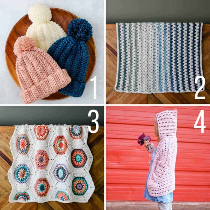 Free crochet patterns for kids including blankets, hats and a cardigan.