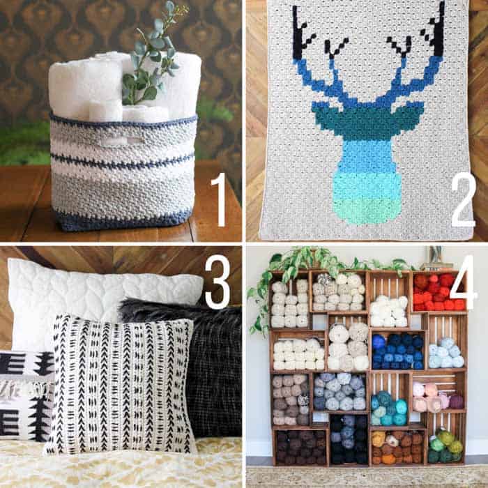 Free crochet patterns for the home, including a basket, a corner to corner deer afghan, a mudcloth pillow, and yarn storage shelves.