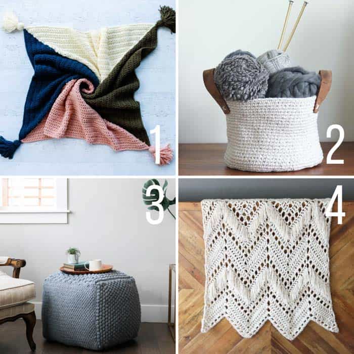 Free crochet patterns for the home, including a 4 color throw with tassels, a basket, a sampler pouf, and a fringed throw. 