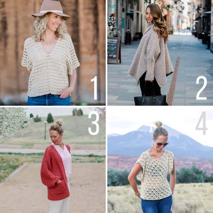 4 free crochet patterns for handmade clothing, including a poncho-style crochet top, a long-sleeve poncho made from rectangles, a roomy crochet cardigan, and a lacy crochet top.