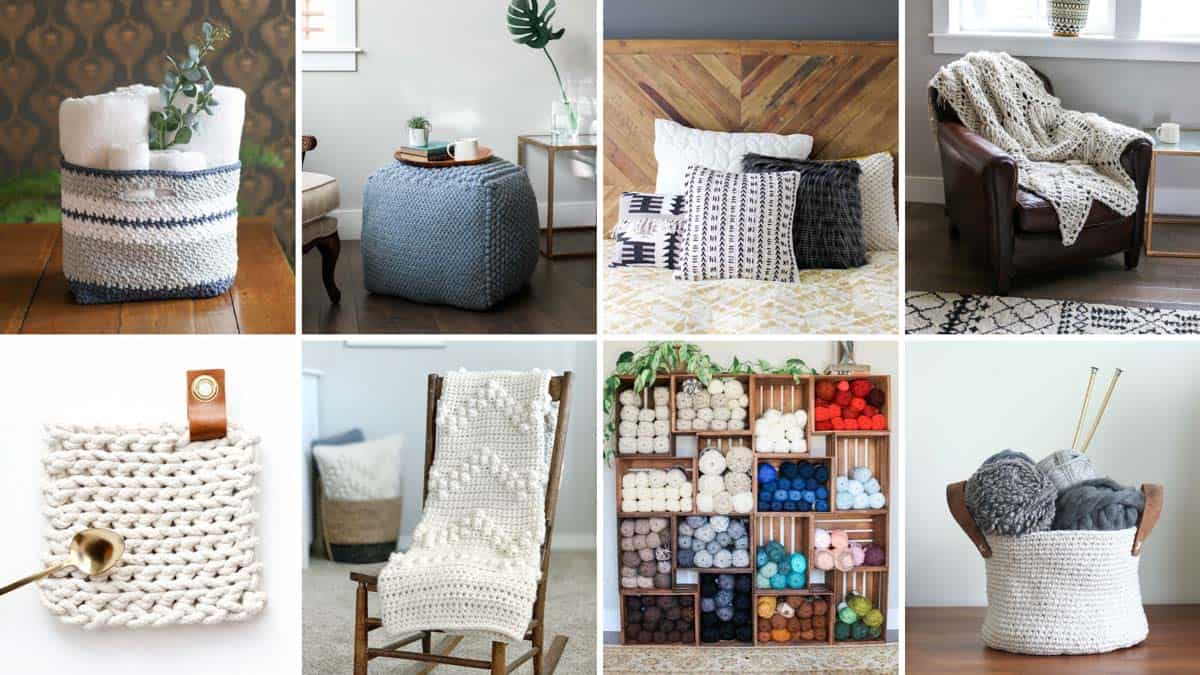 Grid of free crochet patterns to make for your home including baskets, blankets, a pouf ottoman and a pillow.