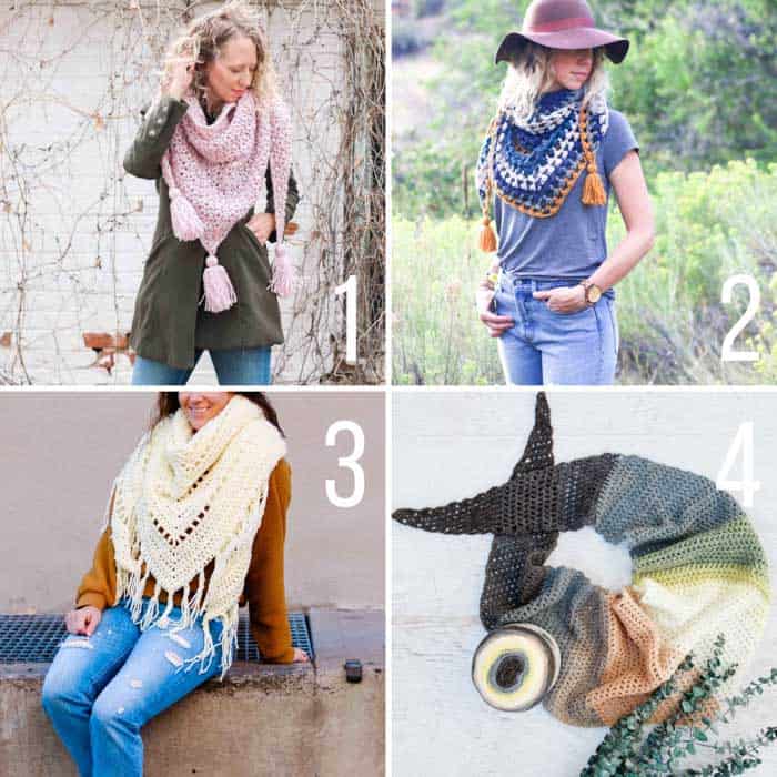 Free crochet shawl and triangle scarf patterns including pattern that use Mandala cakes, have tassels and fringe!