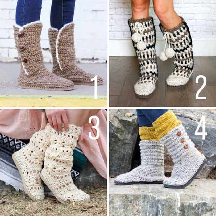 Four free crochet patterns for slippers and boots with flip flop soles.