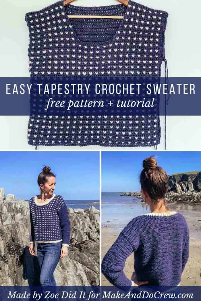 A wool crochet fisherman's sweater pattern with a modern tapestry pattern that's easy enough for tapestry beginners. Free pattern featuring Lion Brand yarn.