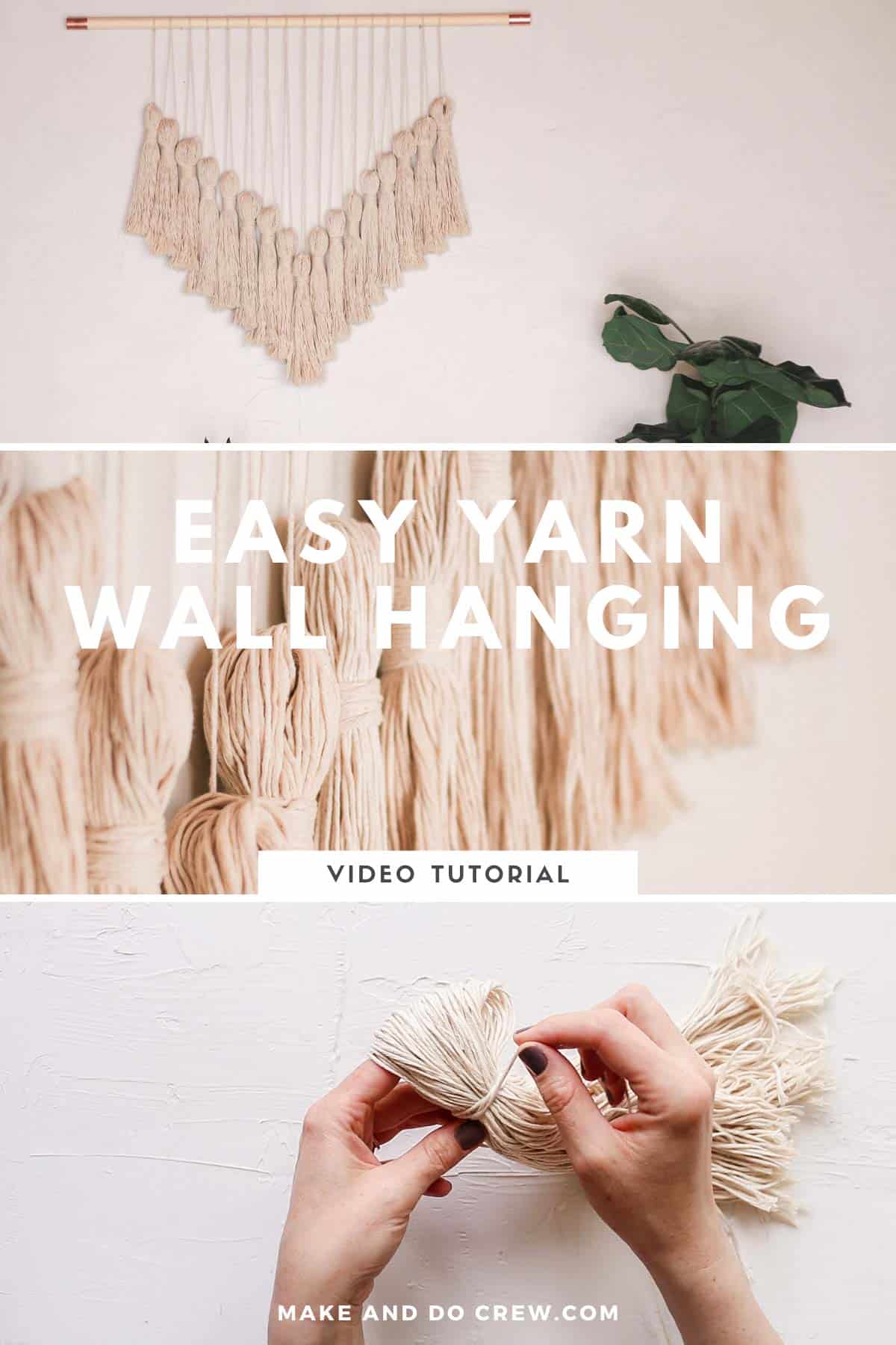 A grid of photos of a beautiful boho wall hanging made from yarn. Learn from the step-by-step wall hanging tutorial. 