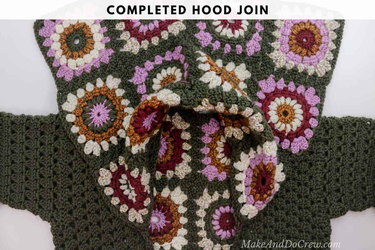 Tutorial showing how to seamlessly join the hood to a crochet granny square sweater made from Lion Brand Basic Stitch yarn.