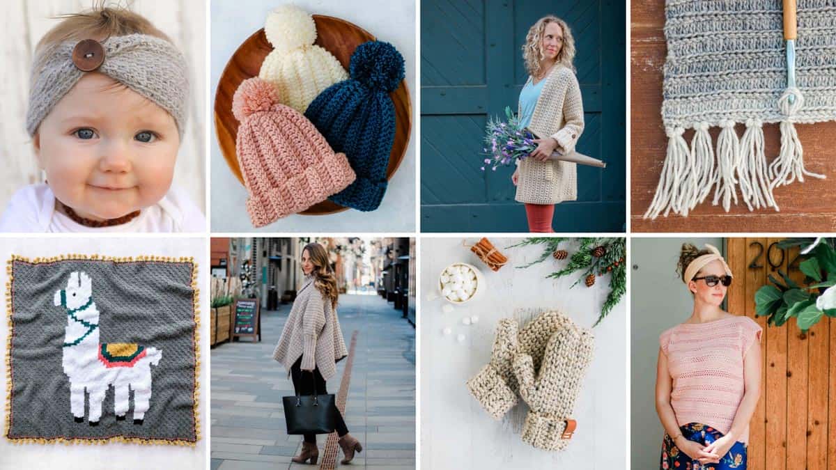 free crochet patterns from Jess Coppom of Make and Do Crew. Grid of photos.
