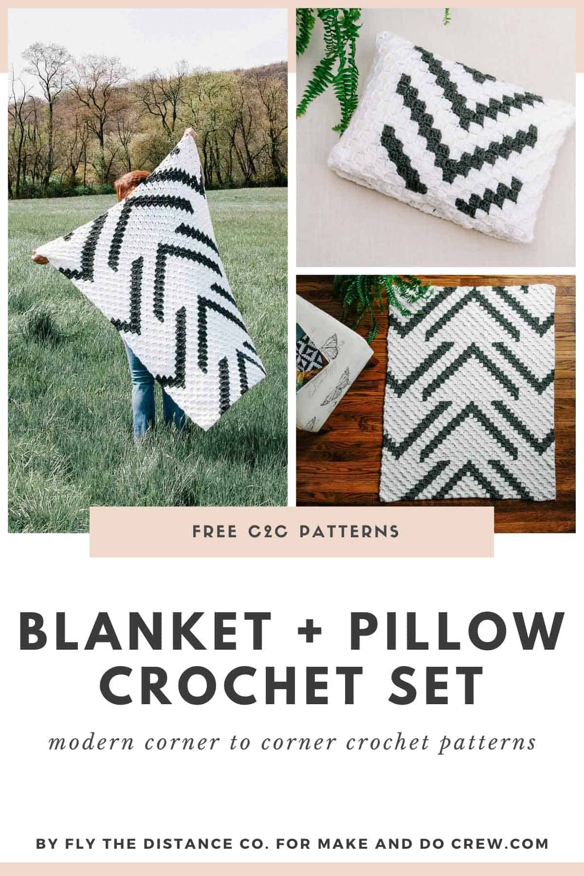 A grid of photos that shows a modern c2c crochet blanket and pillow that are a matching set.