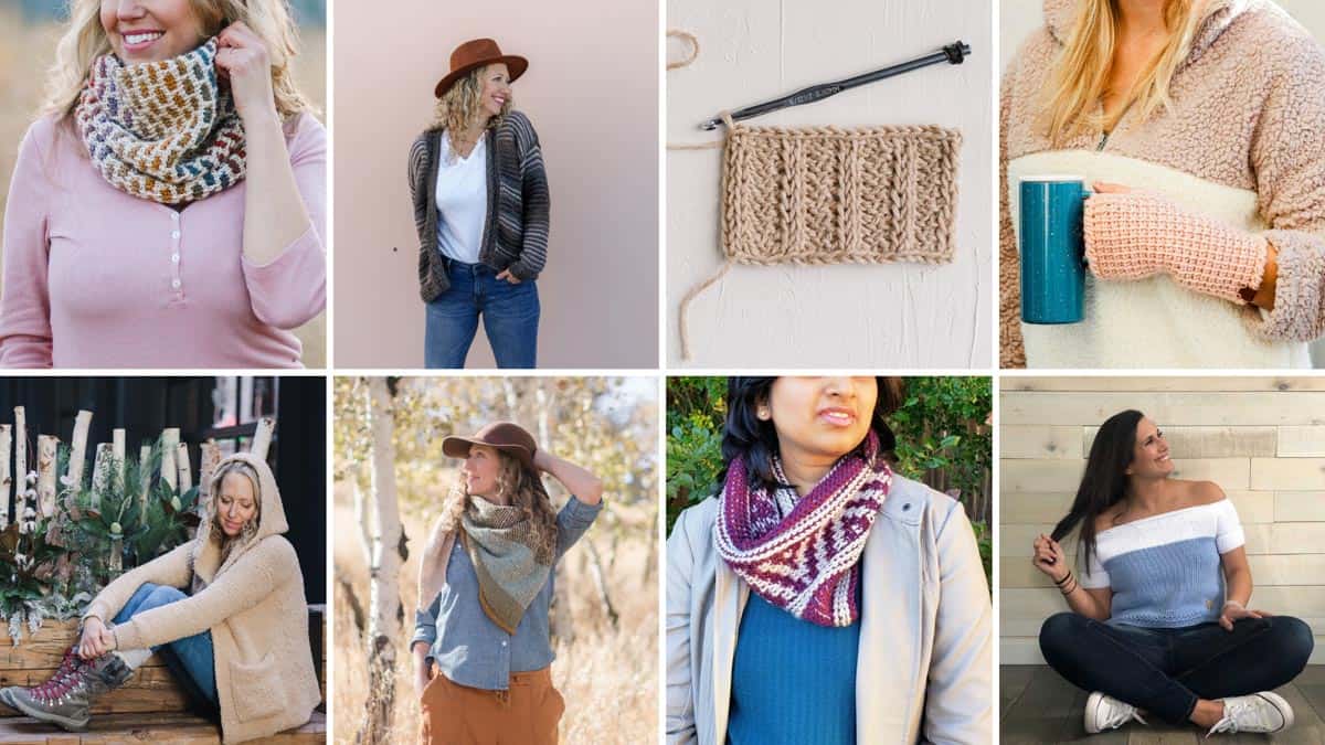a grid of 8 different tunisian crochet projects including a stylish cardigan, a colorful cowl, a sherpa sweater and a summer top. All are free Tunisian crochet patterns from Make & Do Crew.