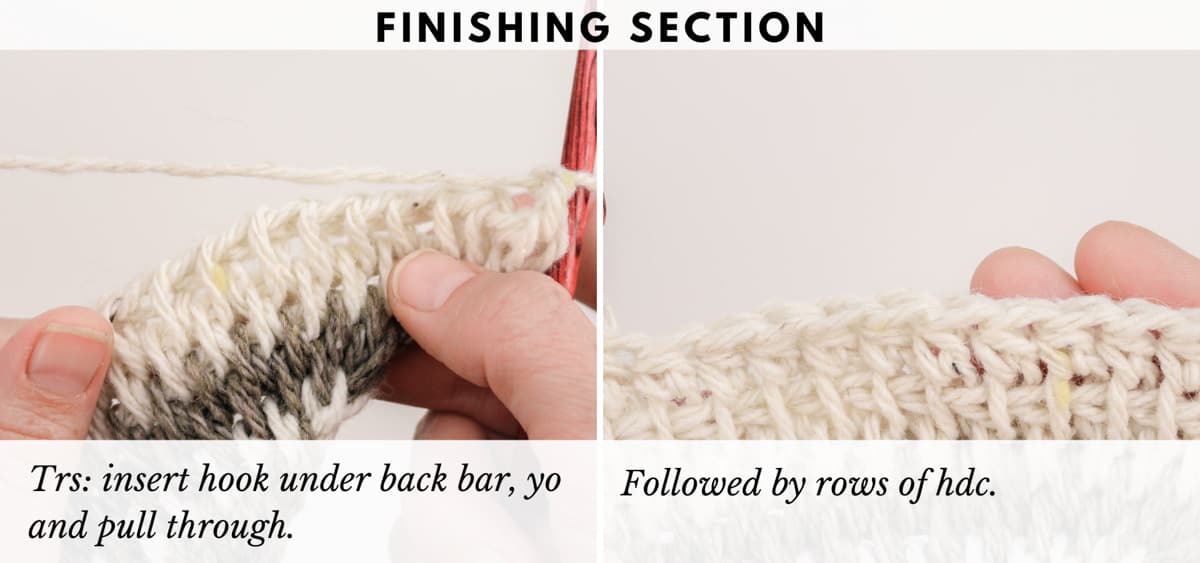 Tutorial showing how to finish an easy Tunisian crochet scarf pattern with standard crochet.