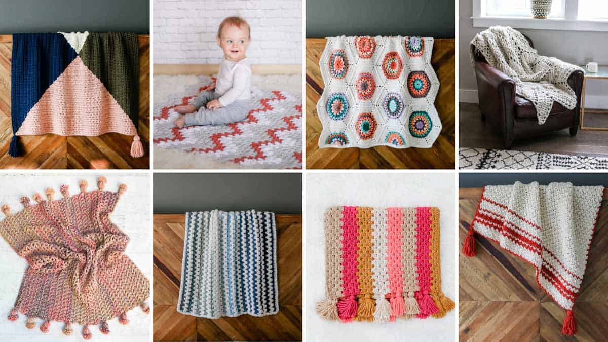 A grid of free, modern crochet blanket patterns designed by Jess Coppom of Make & Do Crew.