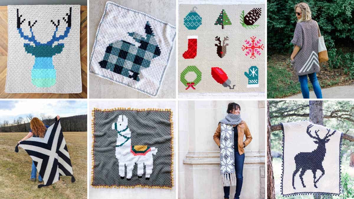 A grid of photos showing modern free corner to corner crochet patterns including c2c blankets, pillows, scarves and sweaters.