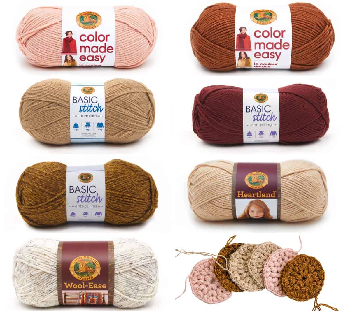 Various skeins of Lion Brand yarn in warm colors including Basic Stitch, Color Made Easy, Heartland and Wool-Ease.