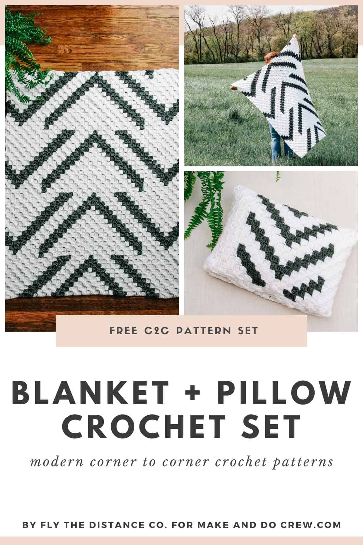 A grid of photos that shows a modern c2c crochet blanket and pillow that are a matching set.