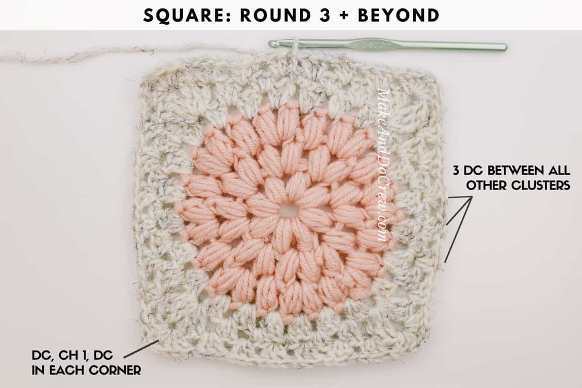 Creative crochet granny square idea: a puff stitch circle surrounded by granny stitches.
