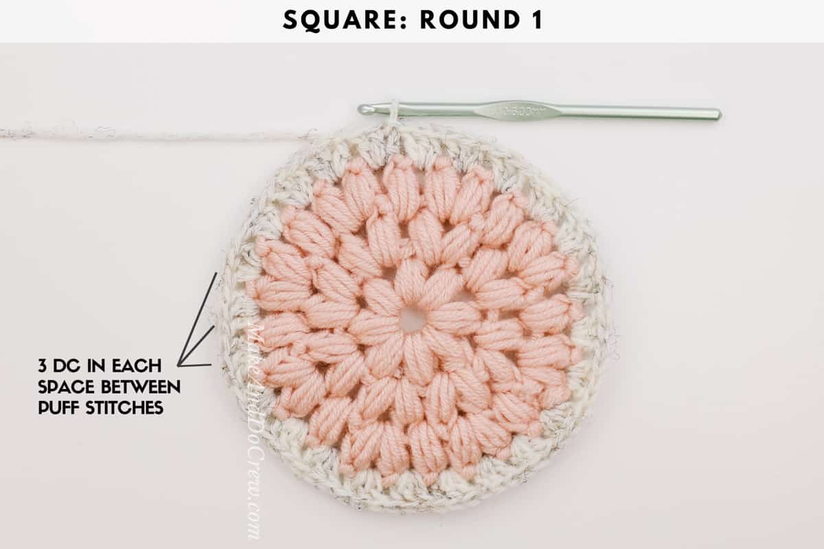 Crochet puff stitch circle with a round of double crochet stitches surrounding it.