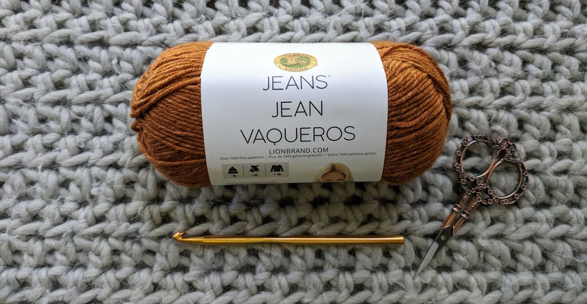 Lion Brand Jeans yarn used for free crochet sweater pattern.