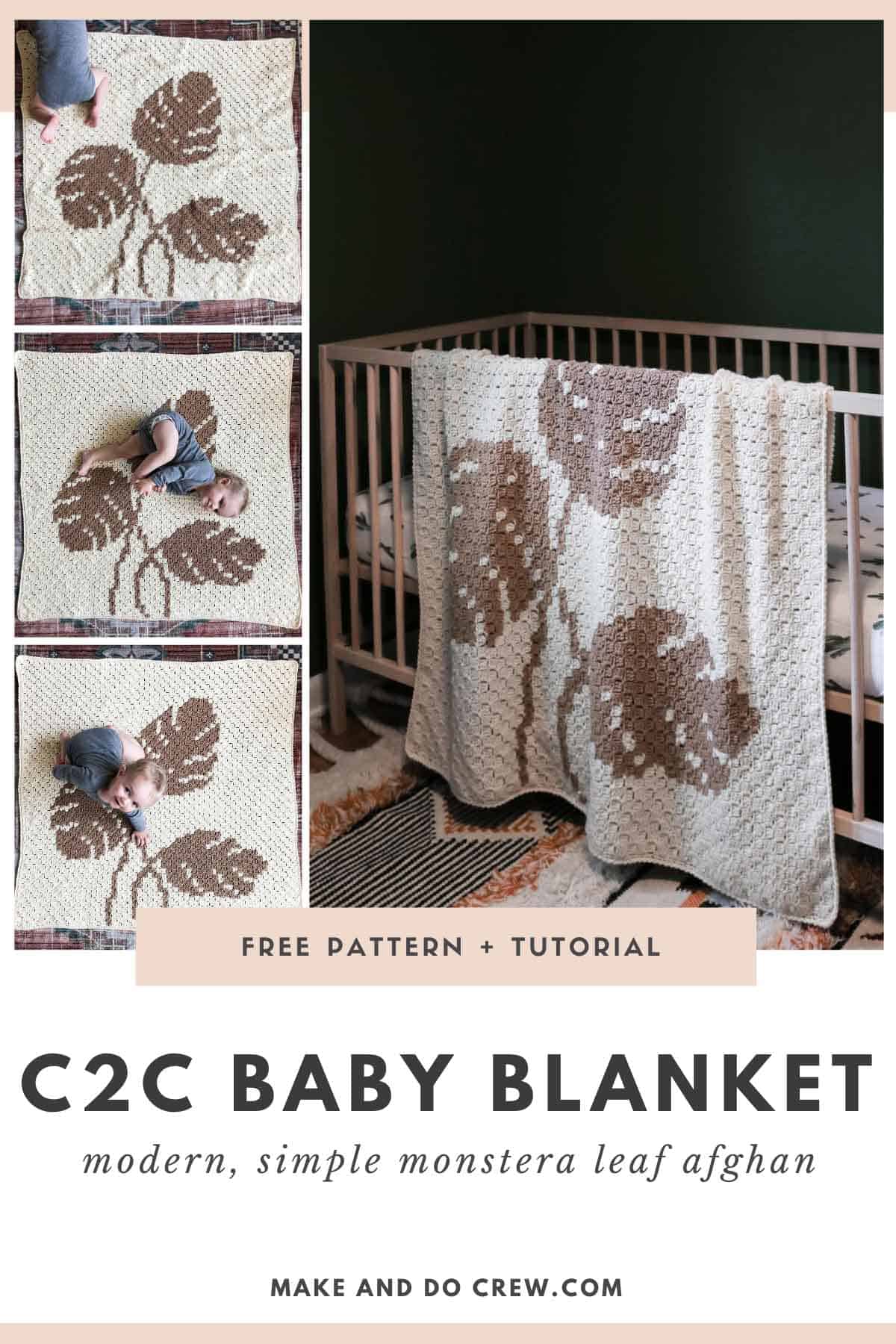 A grid of photos of a baby rolling on a modern, monochromatic corner to corner crochet blanket featuring the beautiful "swiss cheese" monstera leaves.