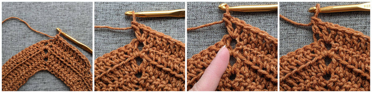 Photo tutorial for how to crochet the v stitch.