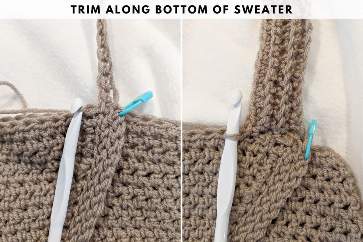 Detailed photo tutorial for a crochet sweater - how to add trim along the bottom of sweater.